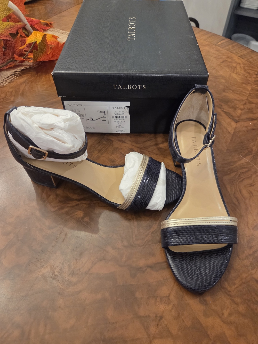Talbots Navy Leather Low Block Heel Sandals with Gold Accent